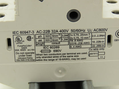 Italweber 2303038 BCH 3x38 Fuse Holder 3-Pole 32A 600V 18-8AWG 10x38 Lot of 3