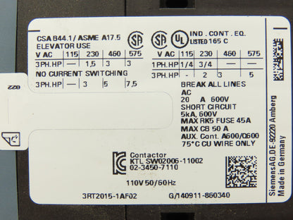 Siemens 3RT2015-1AF02 Contactor 7.5HP 3PH 575VAC 20A 2NC Lot of 6