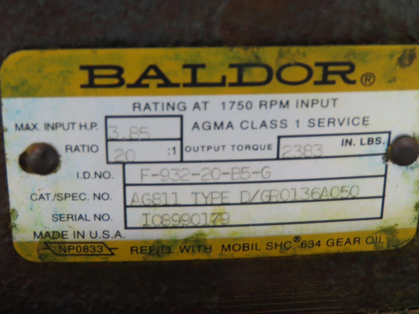 Baldor F-932-20-B5-G Speed Reducer 20:1 Worm Gearbox 88 RPM 3.8Hp LH 56C-Face