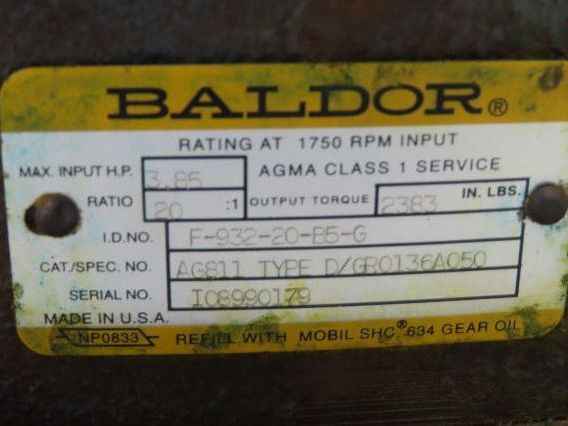 Baldor F-932-20-B5-G Speed Reducer 20:1 Worm Gearbox 88 RPM 3.8Hp LH 56C-Face