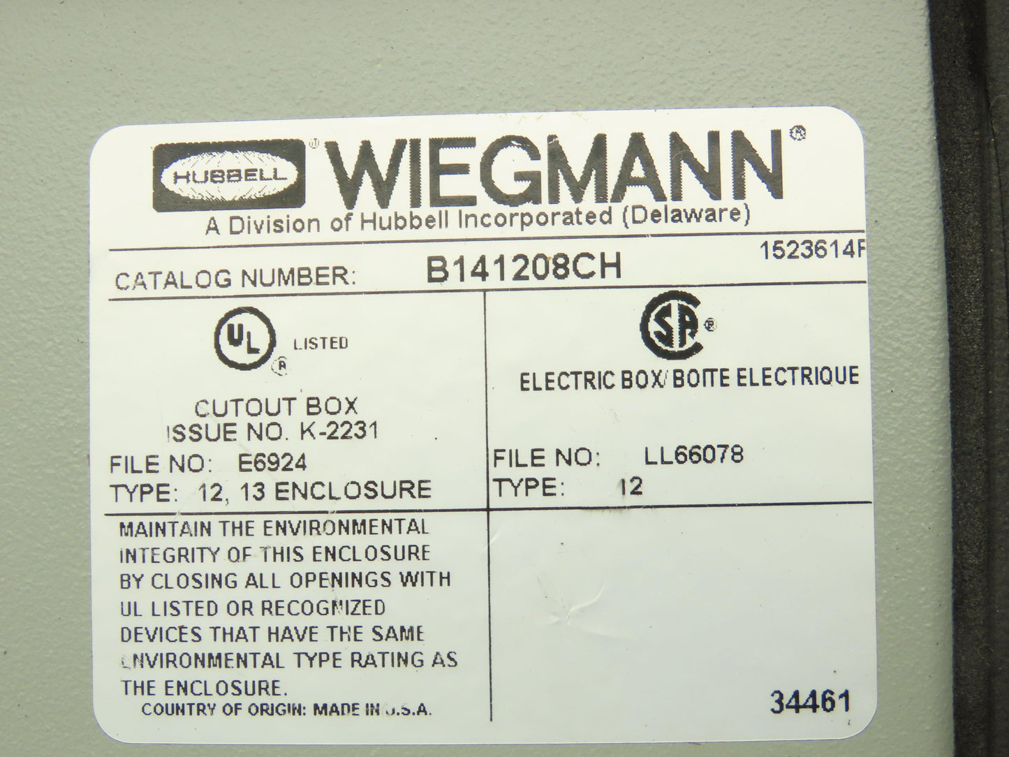 Wiegmann B141208CH Electrical Enclosure 14x12x8" Wall Mount Control Panel