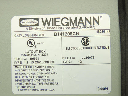 Wiegmann B141208CH Electrical Enclosure 14x12x8" Wall Mount Control Panel