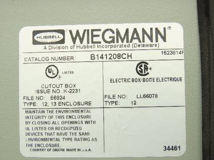 Wiegmann B141208CH Electrical Enclosure 14x12x8" Wall Mount Control Panel