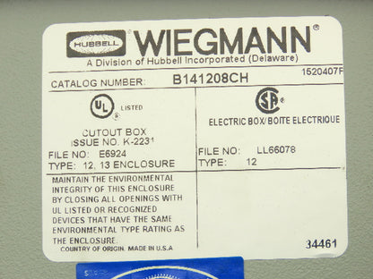 Wiegmann B141208CH Electrical Enclosure 14x12x8" Wall Mount Control Panel