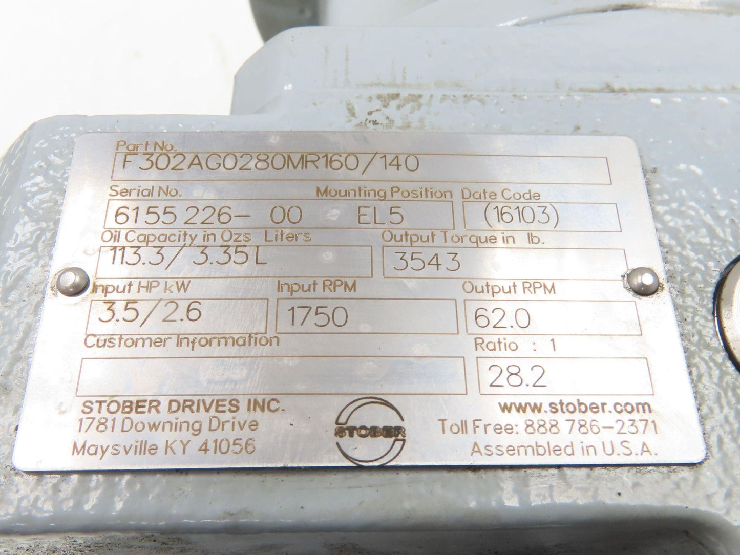 Stober F302AG0280MR160/140 Offset Helical Reducer 28.2:1 Gearbox Hollow Shaft