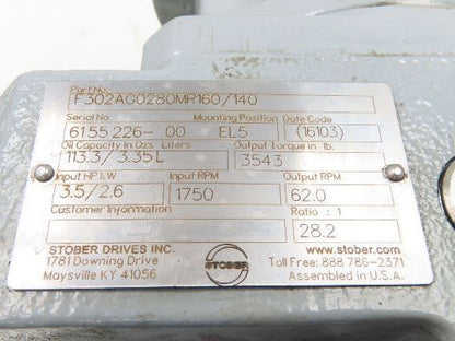 Stober F302AG0280MR160/140 Offset Helical Reducer 28.2:1 Gearbox Hollow Shaft