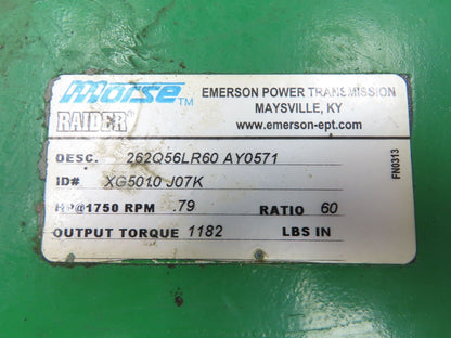 Morse Baldor 262Q56LR60 Dual Shaft Gearmotor 60:1 Ratio 29RPM .75Hp 230/460V 56C
