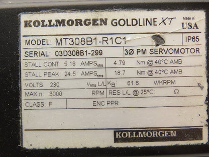 Kollmorgen MT308B1-R1C1 GoldLine XT Servo Motor 3PH 230V 3000RPM