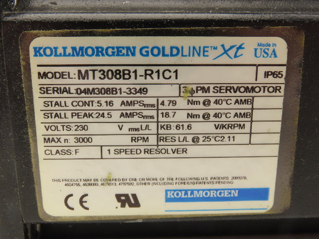 Kollmorgen MT308B1-R1C1 GoldLine XT Servo Motor 3PH 230V 3000RPM