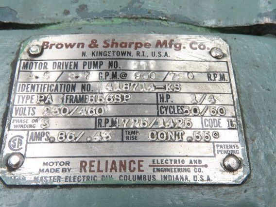 Brown & Sharpe Model 111 Hydraulic Gear Pump 4GPM 600 RPM 1/2"npt 230/460V Motor