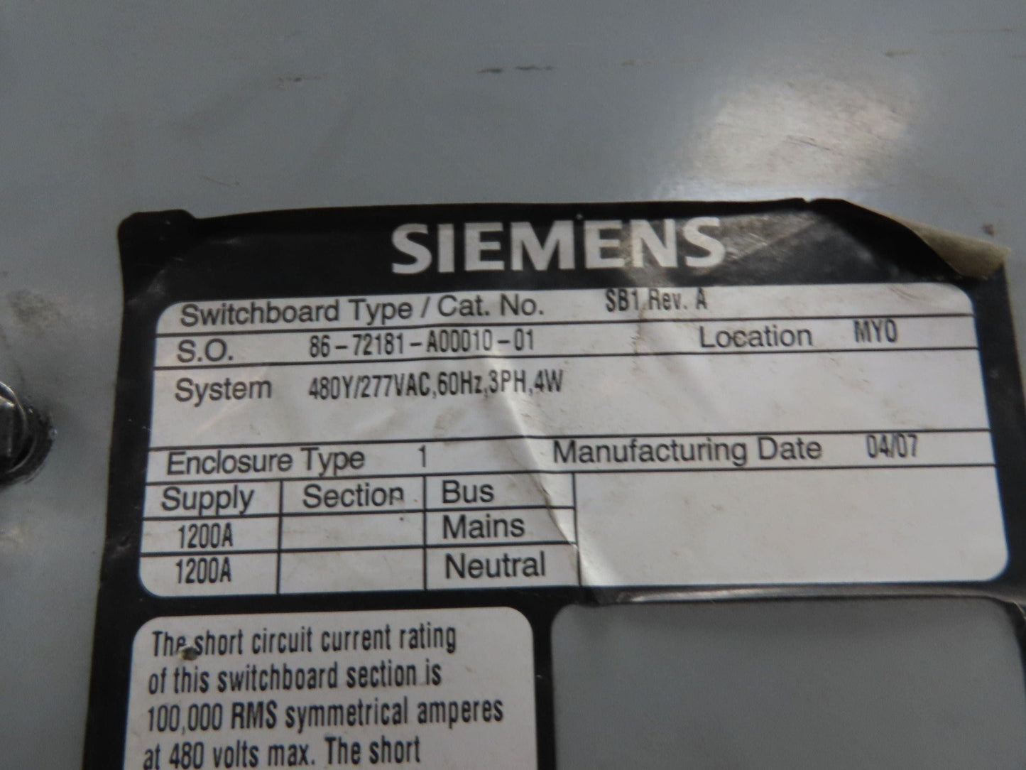 Siemens SB1 Switchboard Load Center 1200A 277/480V 3 Phase 4 Wire 2 Section