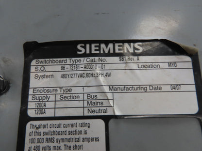 Siemens SB1 Switchboard Load Center 1200A 277/480V 3 Phase 4 Wire 2 Section
