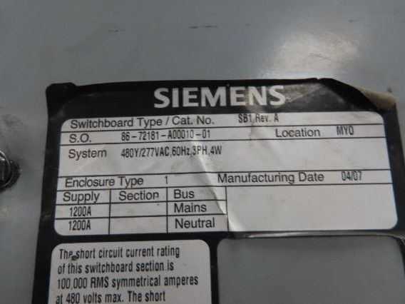 Siemens SB1 Switchboard Load Center 1200A 277/480V 3 Phase 4 Wire 2 Section