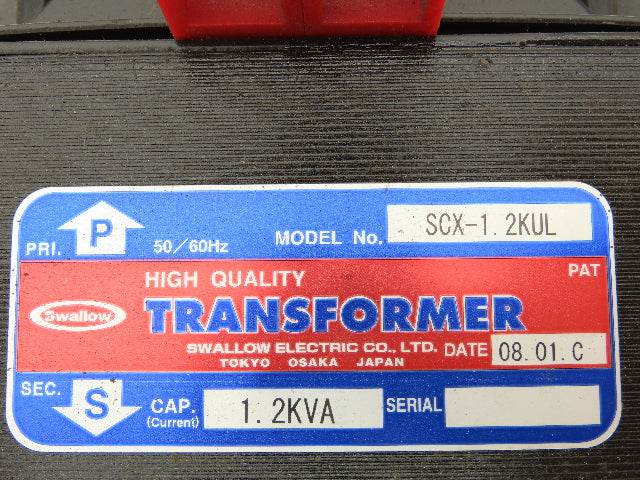 Swallow SCX-1.2KUL Transformer 1-Phase 208V Primary 120/100V Secondary 1.2kVA