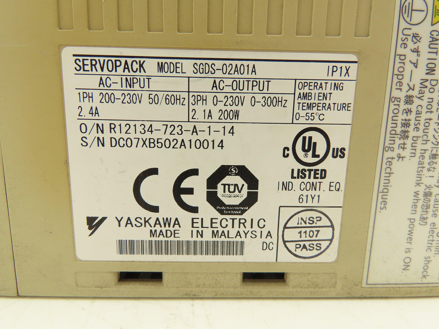 Yaskawa SGDS-02A01A AC Motor Drive 1PH 230V 2.4A In 3PH 0-230V 0-300Hz 200W Out