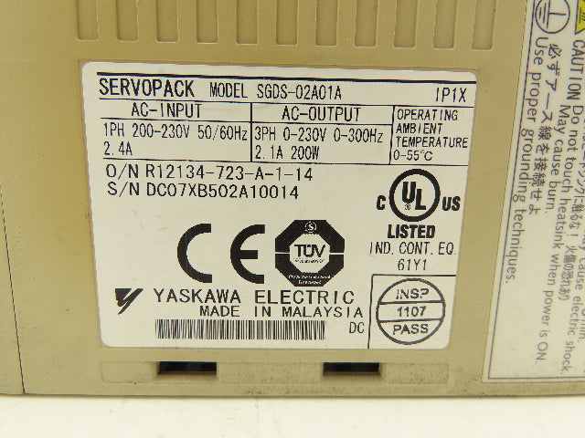 Yaskawa SGDS-02A01A AC Motor Drive 1PH 230V 2.4A In 3PH 0-230V 0-300Hz 200W Out
