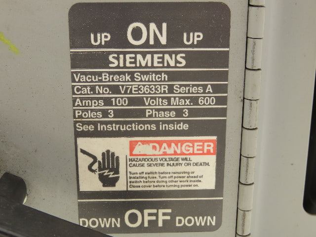 Siemens V7E3633R Vacu-Break Switch Disconnect Dual Twin 600V 100A 3Ph Fusible