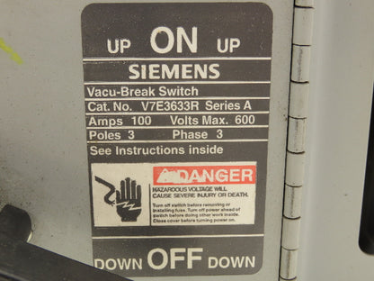 Siemens V7E3633R Vacu-Break Switch Disconnect Dual Twin 600V 100A 3Ph Fusible