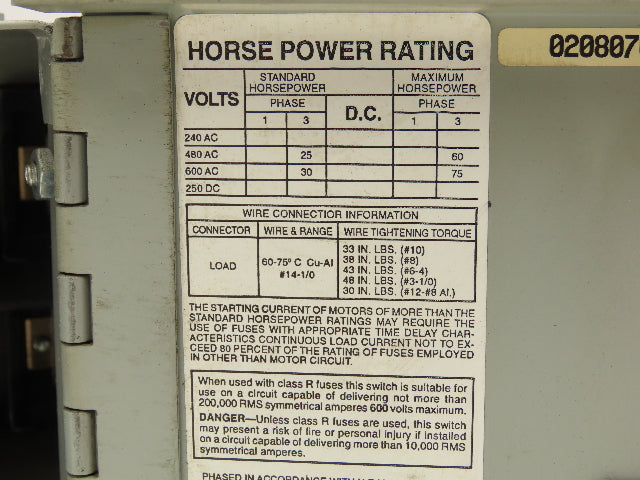 Siemens V7E3633R Vacu-Break Switch Disconnect Dual Twin 600V 100A 3Ph Fusible