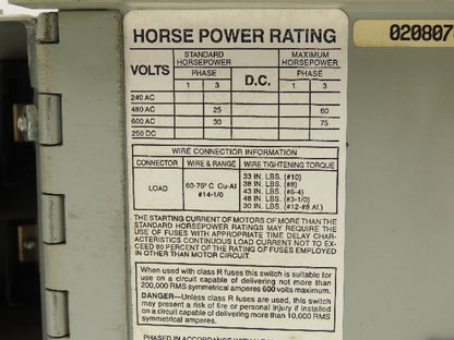 Siemens V7E3633R Vacu-Break Switch Disconnect Dual Twin 600V 100A 3Ph Fusible