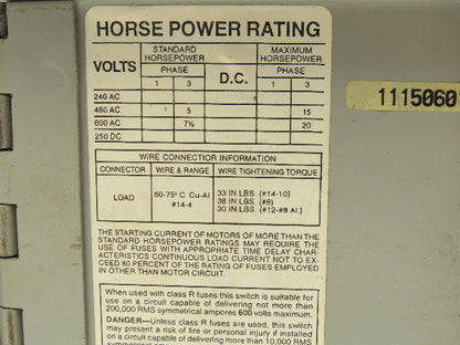 Siemens V7E3611R I-T-E Twin Vacu-Break Fusible Switch 30A 600VAC 3 Pole