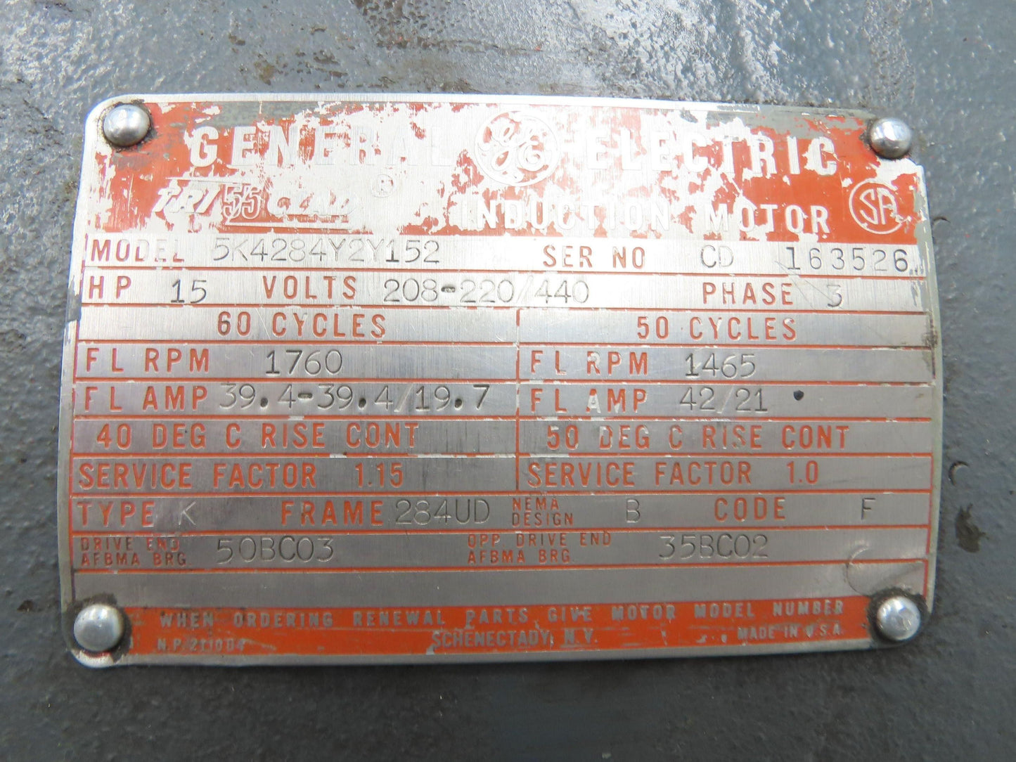 General Electric 5K4284Y2Y152 AC Motor 3PH 220/440V 15HP 1760RPM 284UD Frame