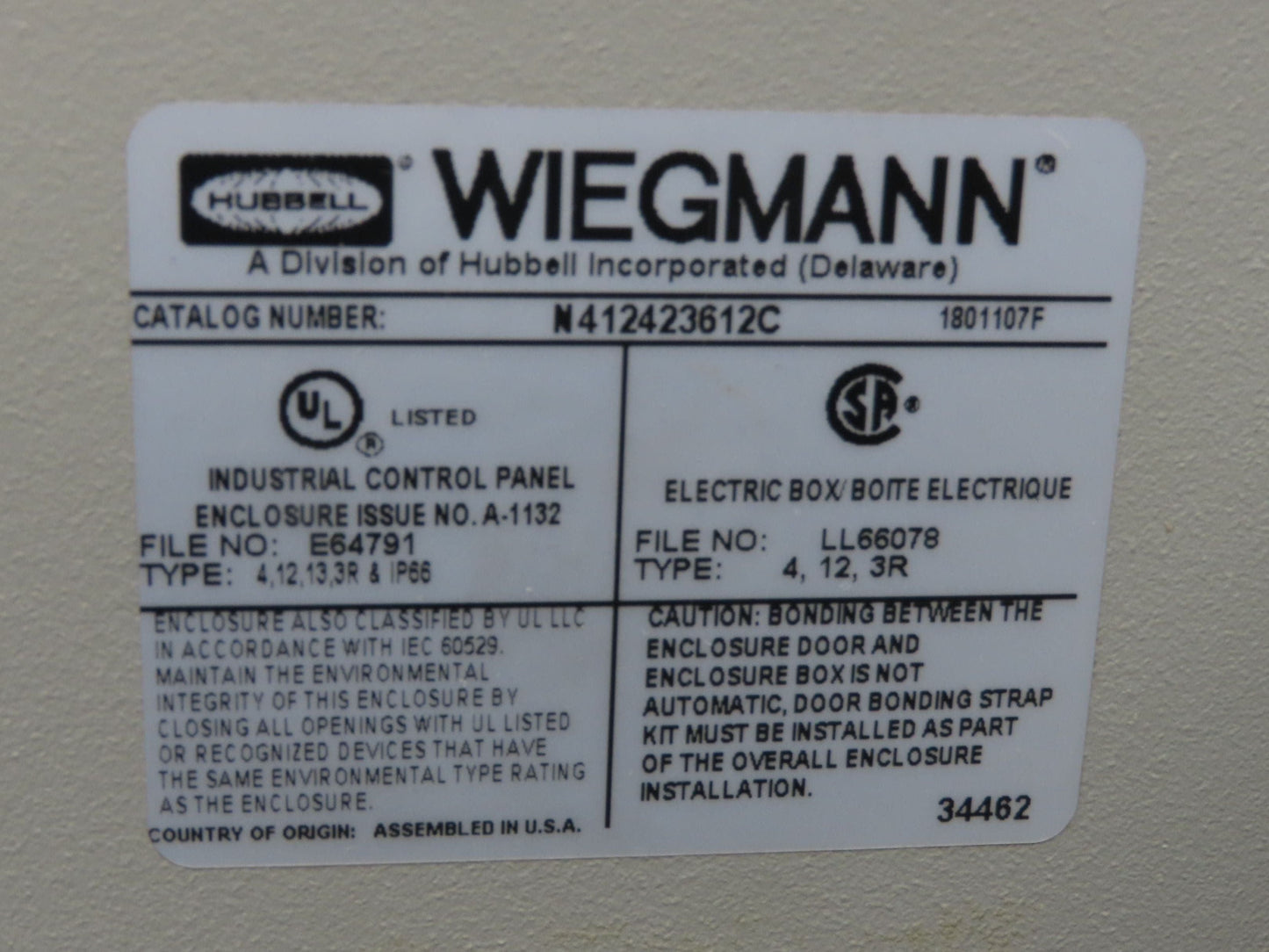 Wiegmann Electrical Enclosure 42x36x12" Control Panel 100A Disconnect