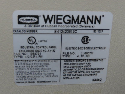 Wiegmann Electrical Enclosure 42x36x12" Control Panel 100A Disconnect