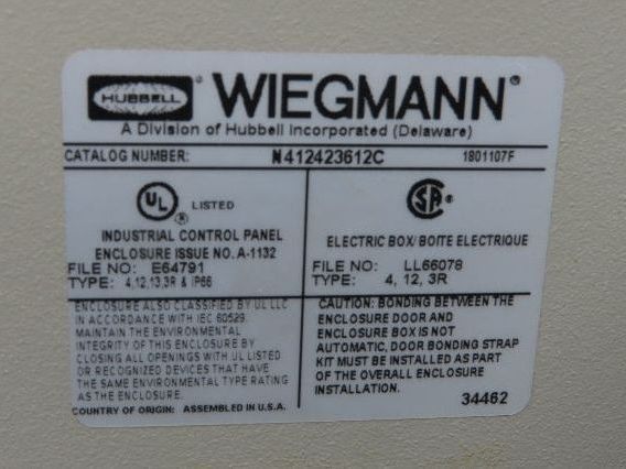 Wiegmann Electrical Enclosure 42x36x12" Control Panel 100A Disconnect