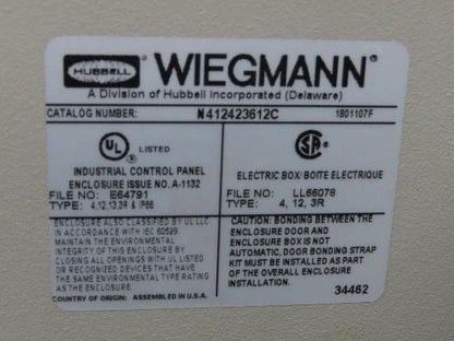 Wiegmann Electrical Enclosure 42x36x12" Control Panel 100A Disconnect