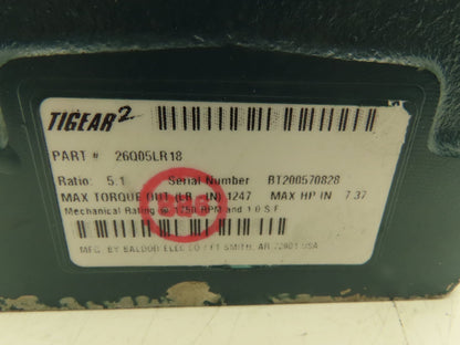 Dodge Tigear 2 26Q05LR18 Worm Gearbox 5:1 Reducer 350 RPM 7.3Hp 180TC Dual Shaft