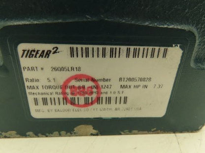 Dodge Tigear 2 26Q05LR18 Worm Gearbox 5:1 Reducer 350 RPM 7.3Hp 180TC Dual Shaft