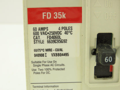 Cutler Hammer FD4060L Industrial Moldedcase Circuit Breaker 60A 4 Pole 600VAC