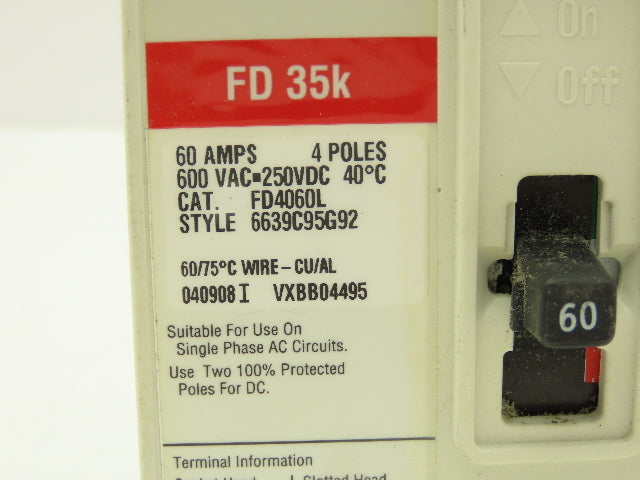 Cutler Hammer FD4060L Industrial Moldedcase Circuit Breaker 60A 4 Pole 600VAC