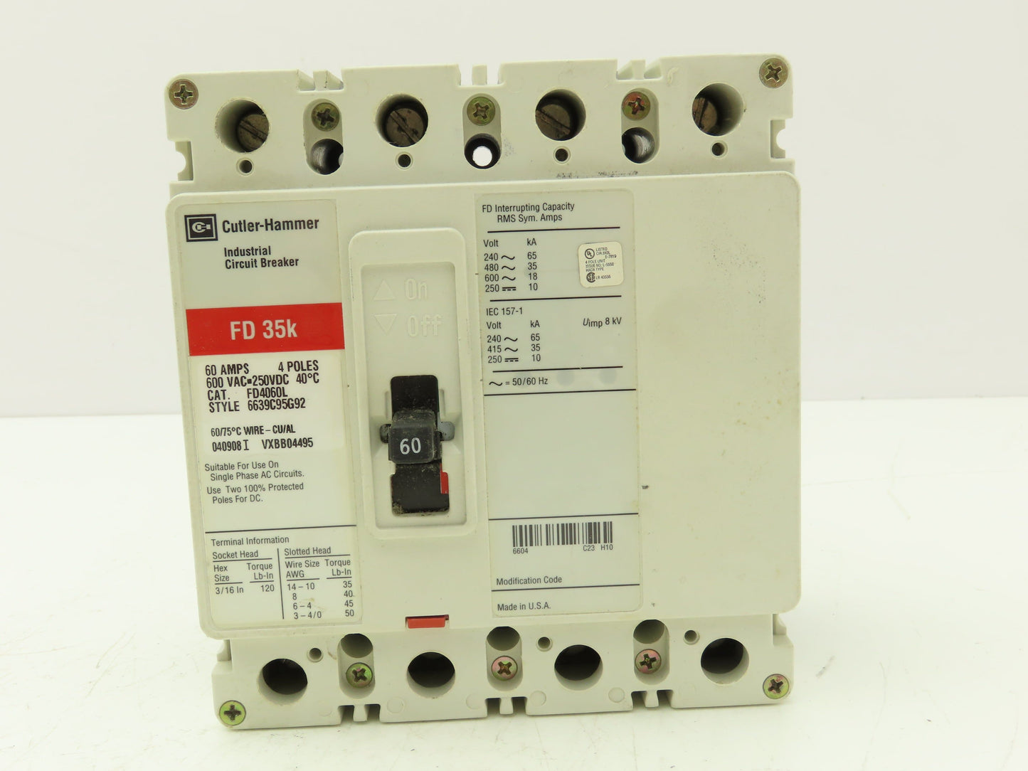 Cutler Hammer FD4060L Industrial Moldedcase Circuit Breaker 60A 4 Pole 600VAC
