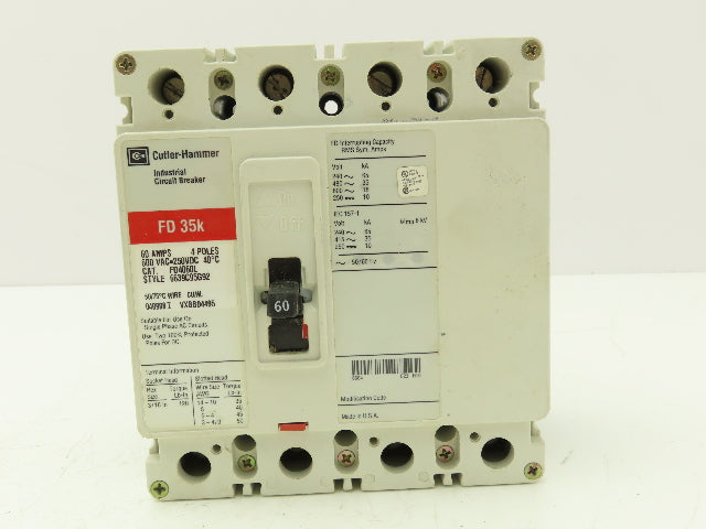 Cutler Hammer FD4060L Industrial Moldedcase Circuit Breaker 60A 4 Pole 600VAC