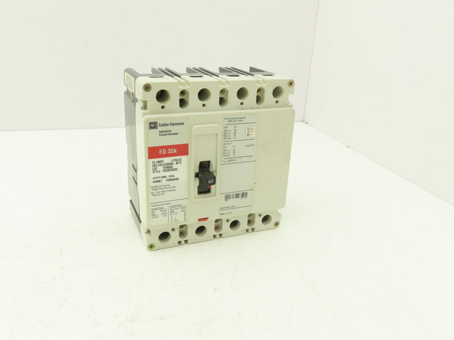 Cutler Hammer FD4060L Industrial Moldedcase Circuit Breaker 60A 4 Pole 600VAC