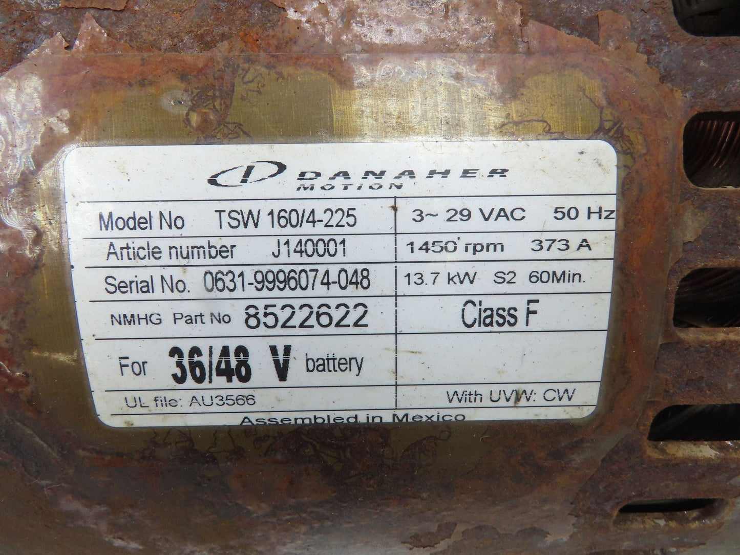 Danaher Motion TSW 160/4-225 DC Motor From Hyster E30Z Forklift 36/48V