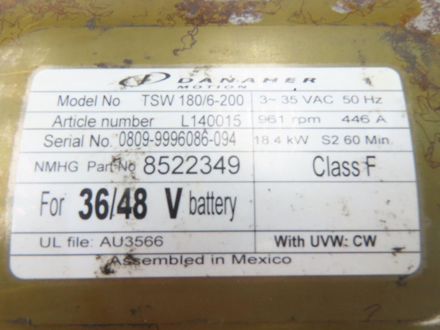 Danaher Controls TSW 180/6-200 Hyster Forklift E60Z Traction Motor 36/48V 961RPM