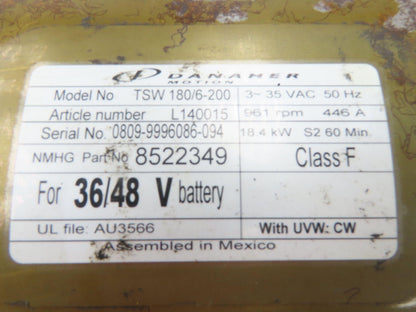 Danaher Controls TSW 180/6-200 Hyster Forklift E60Z Traction Motor 36/48V 961RPM