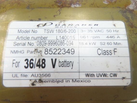Danaher Controls TSW 180/6-200 Hyster Forklift E60Z Traction Motor 36/48V 961RPM