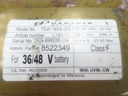 Danaher Controls TSW 180/6-200 Hyster Forklift E60Z Traction Motor 36/48V 961RPM