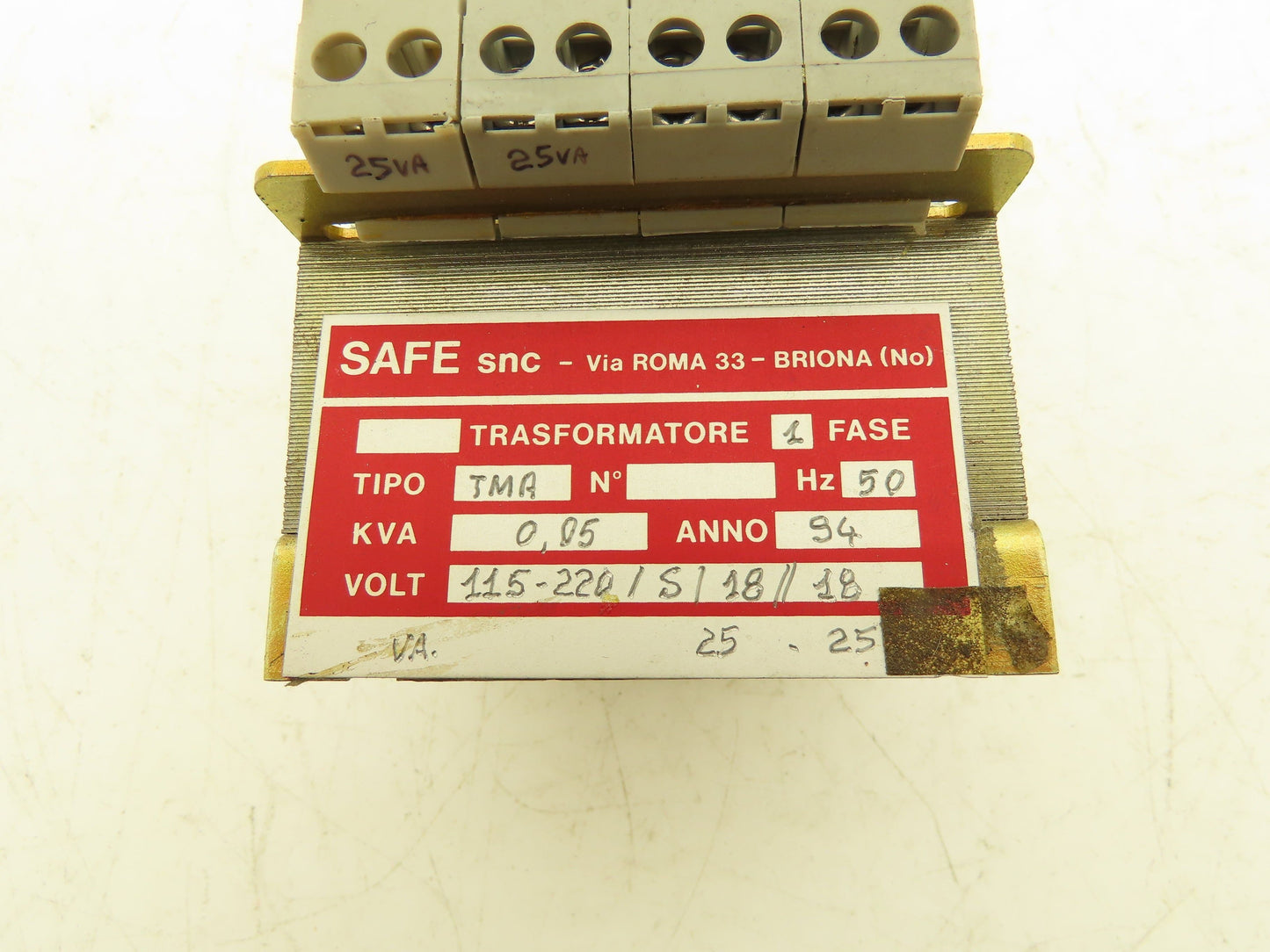 SAFE snc Transformer 1PH 115/220V Primary 18/18V Secondary 25 VA
