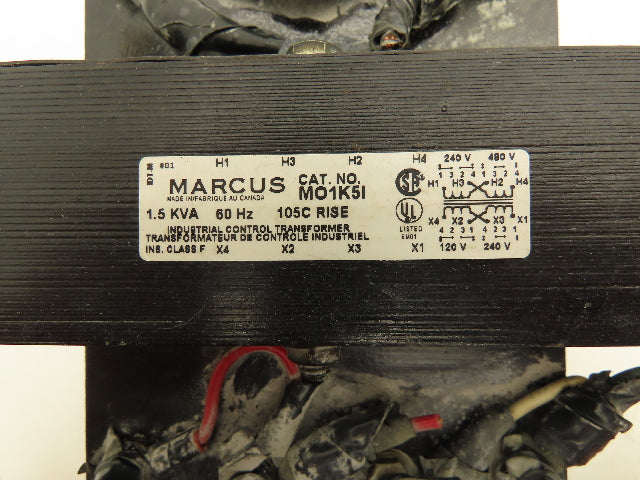 Marcus MO1K5I Transformer 480/240V Pri 240/120V Sec 1.5 kVA Ins. Cl. F
