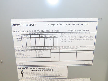 Eaton Cutler Hammer DH323FGKJSEL Fusible Disconnect Safety Switch 100A 240V 3Ph