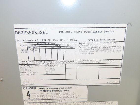 Eaton Cutler Hammer DH323FGKJSEL Fusible Disconnect Safety Switch 100A 240V 3Ph
