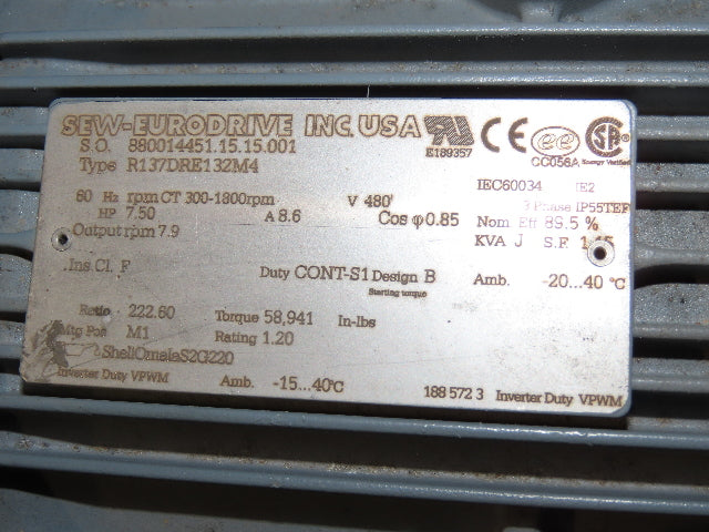 Sew-Eurodrive R137DRE132M4 Helical Gearmotor 222.6:1 Inline Reducer 7.5Hp 480V