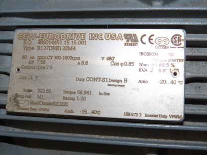 Sew-Eurodrive R137DRE132M4 Helical Gearmotor 222.6:1 Inline Reducer 7.5Hp 480V