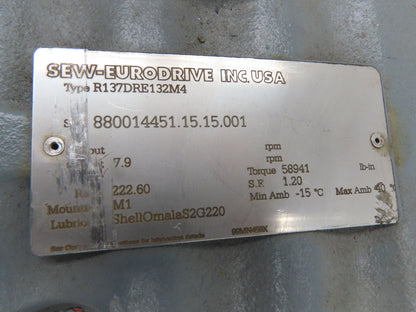 Sew-Eurodrive R137DRE132M4 Helical Gearmotor 222.6:1 Inline Reducer 7.5Hp 480V