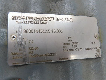 Sew-Eurodrive R137DRE132M4 Helical Gearmotor 222.6:1 Inline Reducer 7.5Hp 480V